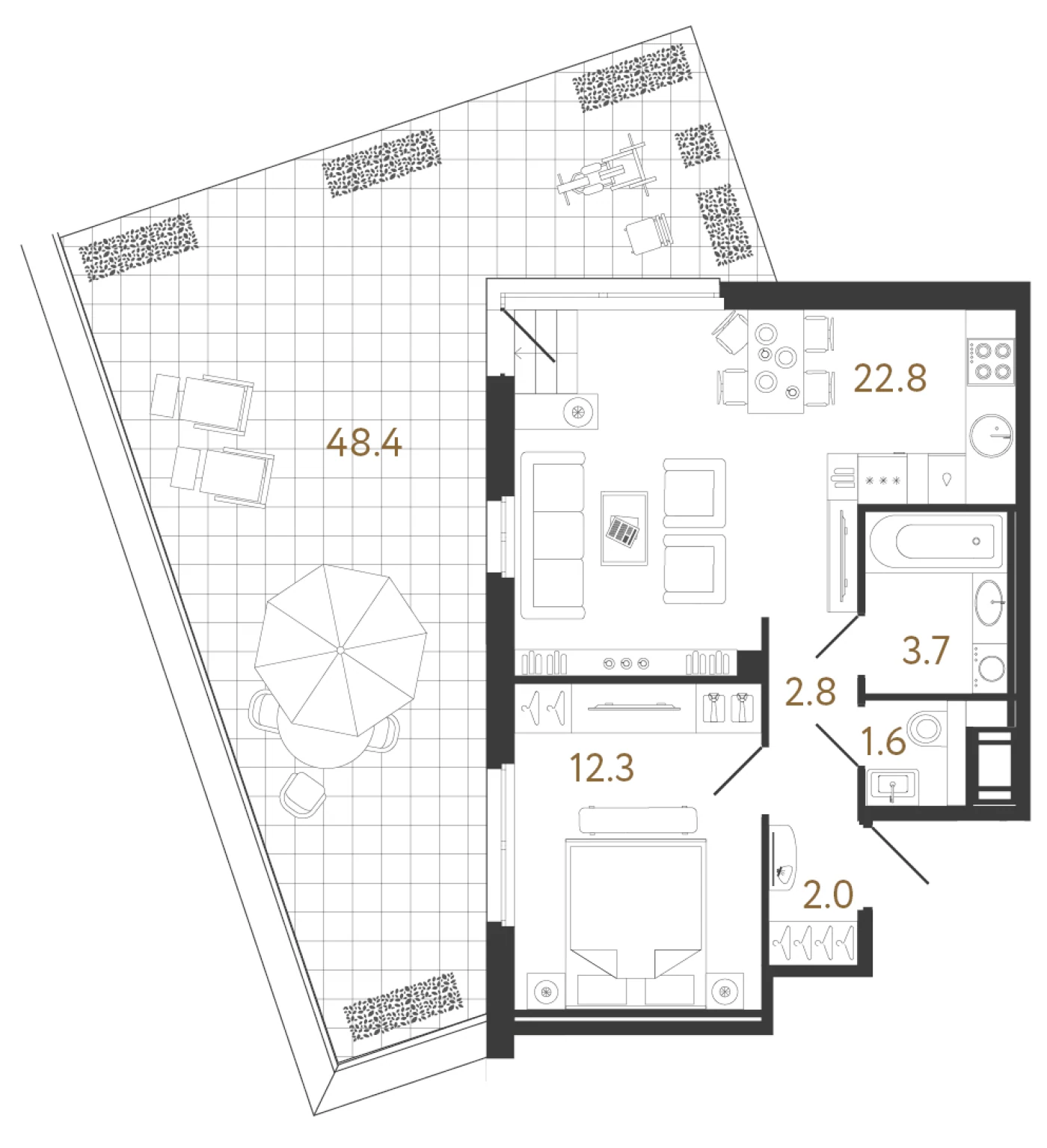 Планировка 1-комнатная 45,1 м² в жилом комплексе «Литера» — Жилой комплекс «Литера»