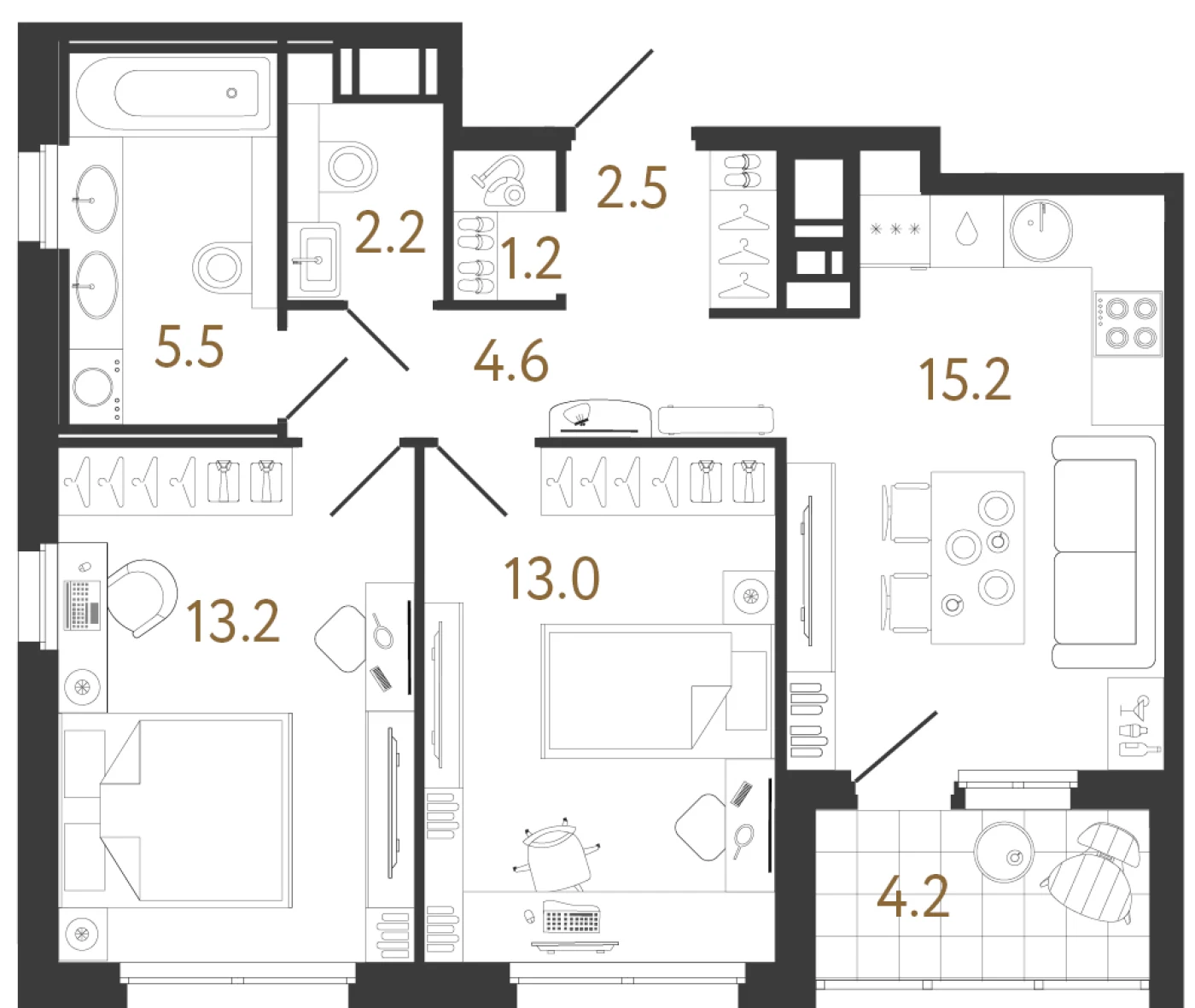 Планировка 2-комнатная 57,4 м² в жилом комплексе «Литера» — Жилой комплекс «Литера»