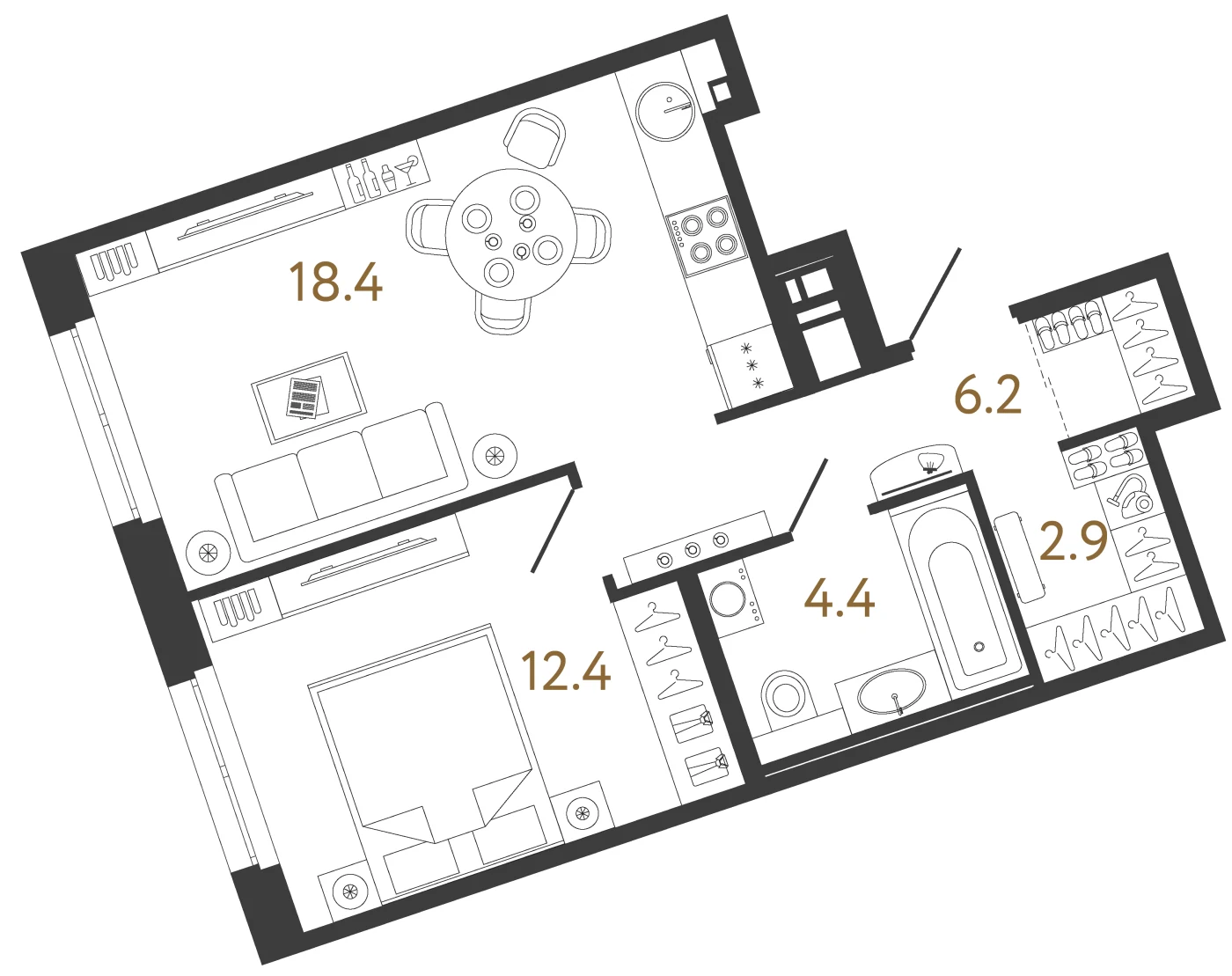 Планировка 1-комнатная 44,3 м² в жилом комплексе «Литера» — Жилой комплекс «Литера»