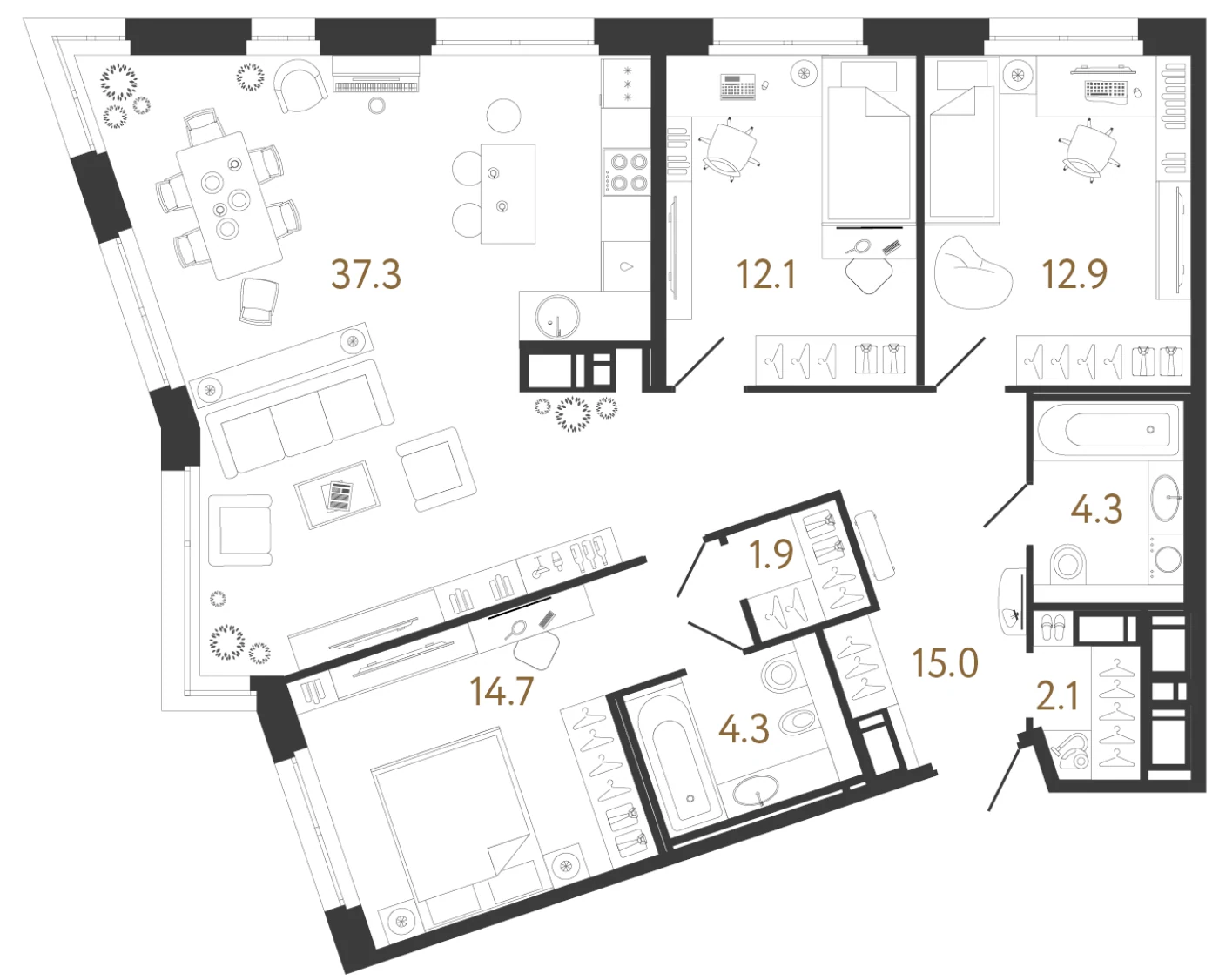 Планировка 3-комнатная 104,6 м² в жилом комплексе «Литера» — Жилой комплекс «Литера»