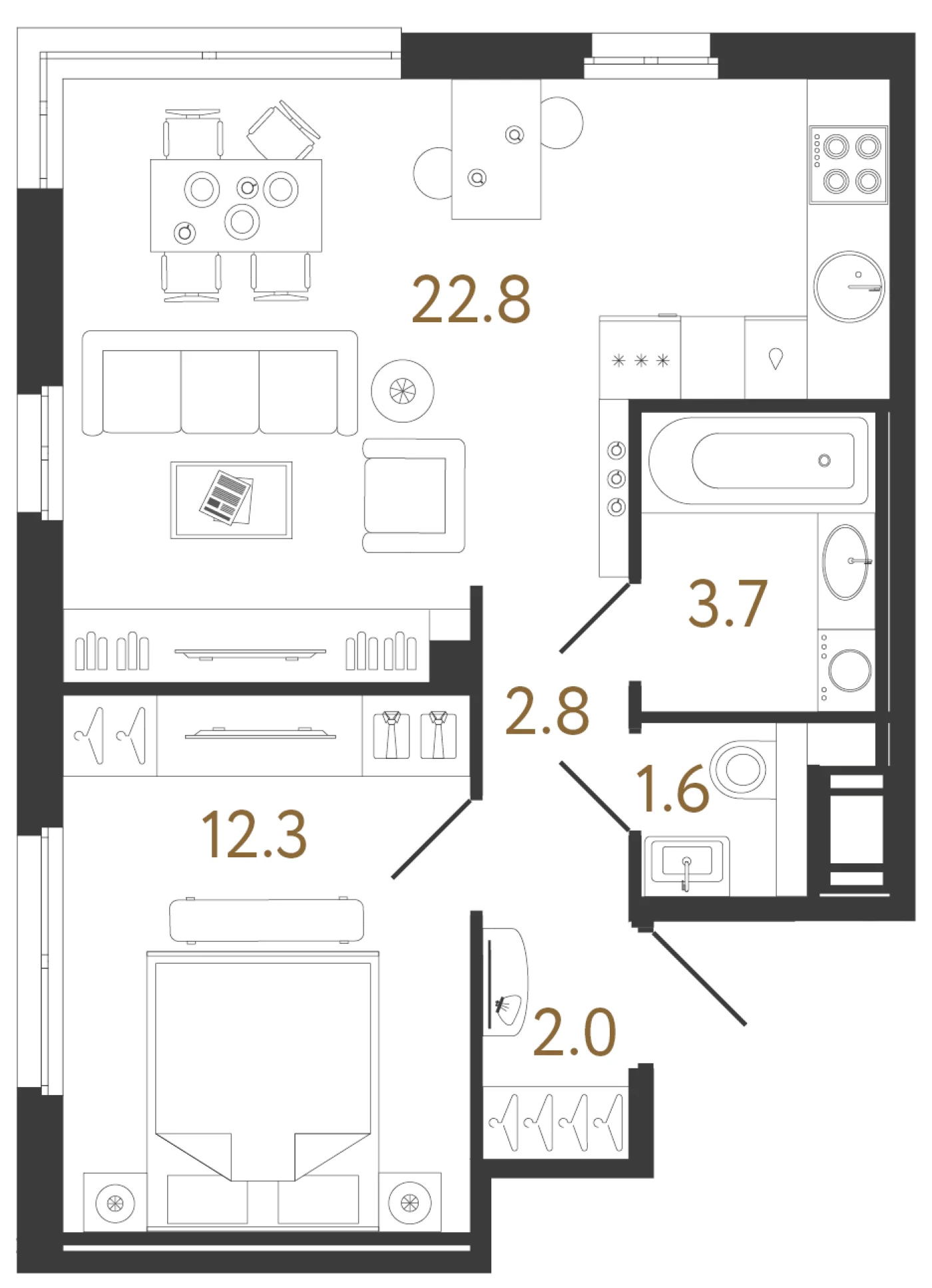 Планировка 1-комнатная 45,1 м² в жилом комплексе «Литера» — Жилой комплекс «Литера»