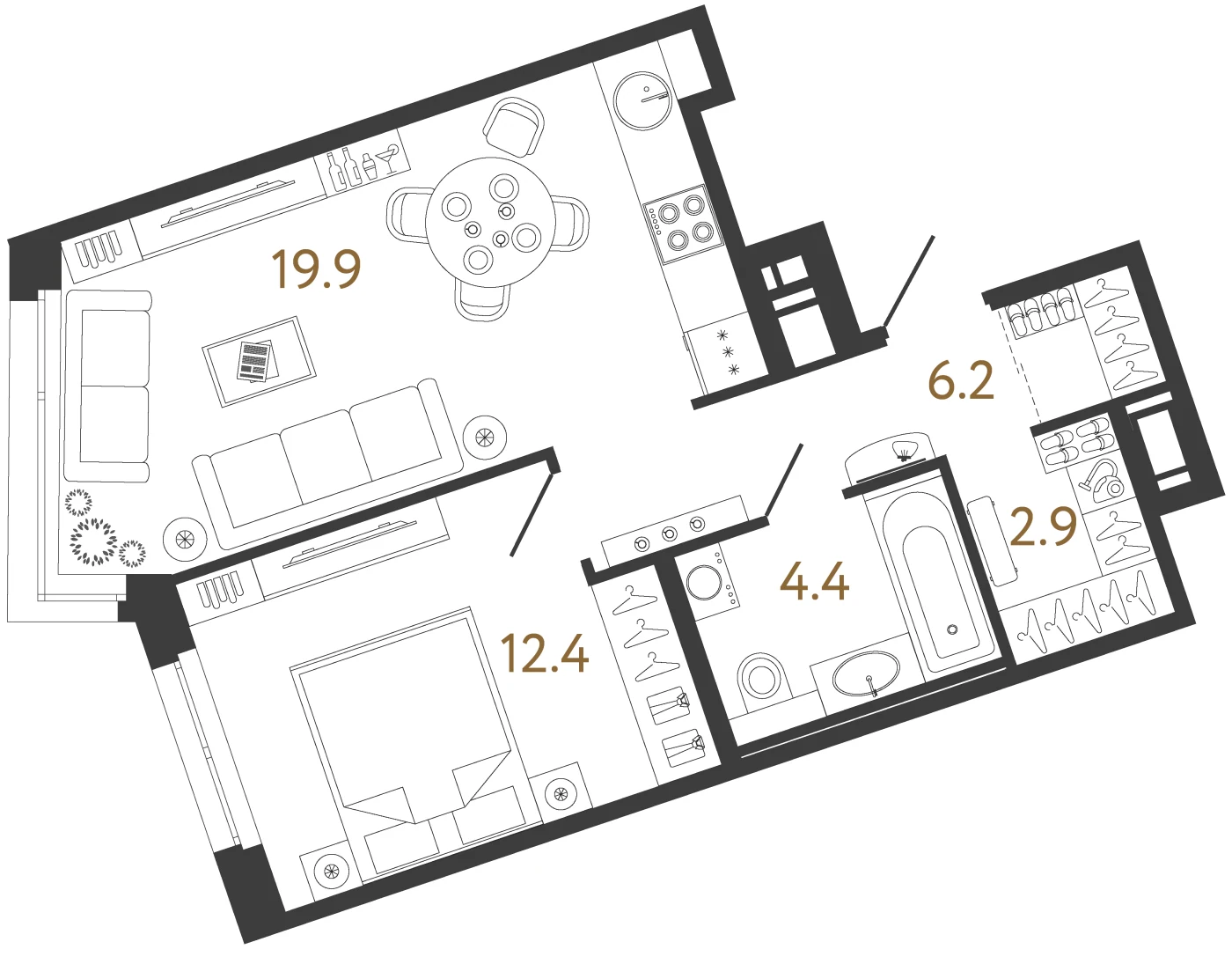 Планировка 1-комнатная 45,8 м² в жилом комплексе «Литера» — Жилой комплекс «Литера»
