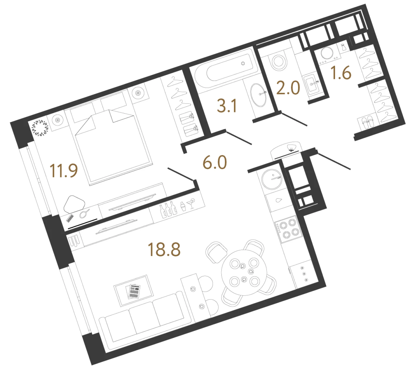 Планировка 1-комнатная 43,4 м² в жилом комплексе «Литера» — Жилой комплекс «Литера»